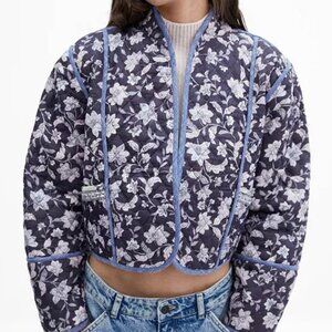 Mango reversible quilted jacket in blue and white floral, size M/L